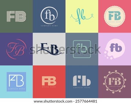 FB logo company template. Letter f and b logotype. Set different classic serif lettering and modern bold text with design elements. Initial font typography. Collection trendy business identity.