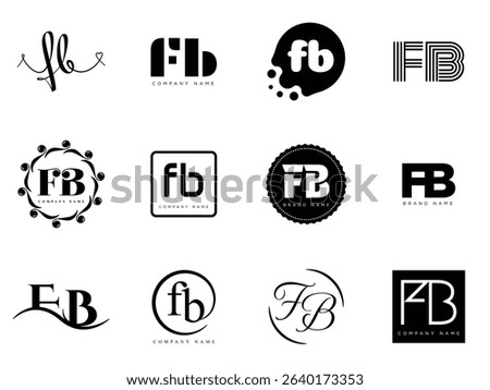 FB logo company template. Letter f and b logotype. Set different classic serif lettering and modern bold text with design elements. Initial font typography. Collection trendy business identity.