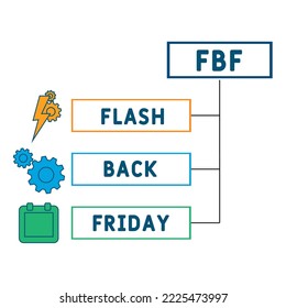FBF - Flashback Freitag Akronym. Hintergrund des Unternehmenskonzepts.  Vektorgrafik-Konzept mit Schlagwörtern und Symbolen. Buchstabengrafik mit Symbolen für Webbanner, Flyer, Landung