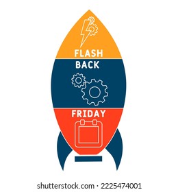 FBF - Flashback Freitag Akronym. Hintergrund des Unternehmenskonzepts.  Vektorgrafik-Konzept mit Schlagwörtern und Symbolen. Buchstabengrafik mit Symbolen für Webbanner, Flyer, Landung