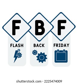 FBF - Flashback Freitag Akronym. Hintergrund des Unternehmenskonzepts.  Vektorgrafik-Konzept mit Schlagwörtern und Symbolen. Buchstabengrafik mit Symbolen für Webbanner, Flyer, Landung