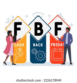 FBF - Flashback Freitag Akronym. Hintergrund des Unternehmenskonzepts.  Vektorgrafik-Konzept mit Schlagwörtern und Symbolen. Buchstabengrafik mit Symbolen für Webbanner, Flyer, Landung