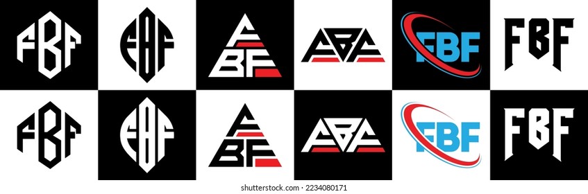 Diseño del logo de la carta FBF en seis estilos. Polígono FBF, círculo, triángulo, hexágono, de estilo plano y sencillo con el logotipo de la letra de variación en color blanco y negro en un tablero. Logo minimalista y clásico de FBF
