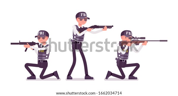 Fbi捜査官 連邦捜査局の調査員で ライフル銃 自動機関銃 立ち ひざまずく 防弾チョッキを着た男性社員 ベクターフラットスタイルの漫画のイラスト のベクター画像素材 ロイヤリティフリー