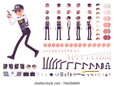 FBI agent character creation set. Federal Bureau of Investigation, national security concept, full length, different views, gestures. Build your own design. Cartoon flat-style infographic illustration