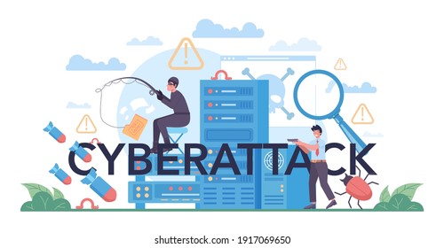 FBI agent concept. Stealing digital data from the computer. Hacker attack device system. Protection from cyberattack. Vector illustration in cartoon style