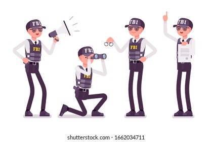 FBI Agent Job Duties. Federal Bureau Of Investigation Male Employee In Bulletproof Vest Enforcing Federal Laws, Working For Justice, Protecting Society Life. Vector Flat Style Cartoon Illustration