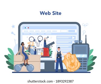 FBI agent online service or platform. Police officer or inspector investigating crime. Detection of espionage, cyberattack investigation. Website. Isolated flat vector illustration