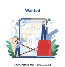 FBI agent online service or platform. Police officer or inspector investigating crime. Online databases on criminal suspects. Isolated flat vector illustration
