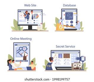 FBI Agent Online Service Or Platform Set. Police Officer Investigating Crime. Protection Of Espionage And Terrorist. Online Database, Meeting, Secret Service, Website. Flat Vector Illustration