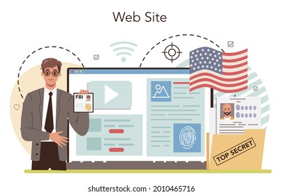 FBI agent online service or platform. Police officer investigating crime. Protection of espionage, cyberattack and terrorist. Website. Flat vector illustration