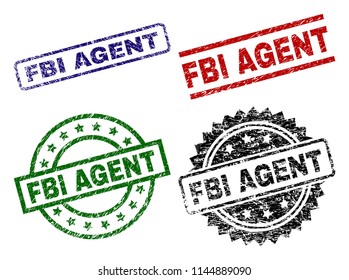 FBI AGENT seal prints with damaged texture. Black, green,red,blue vector rubber prints of FBI AGENT tag with scratched texture. Rubber seals with circle, rectangle, medallion shapes.