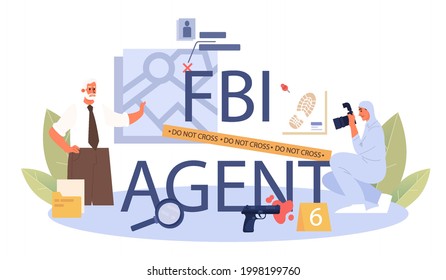FBI agent typographic header. Police officer or inspector investigating crime. Protection of espionage, cyberattack and terrorist. Isolated flat vector illustration