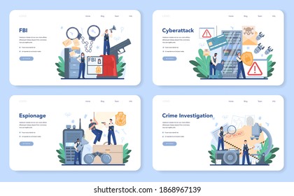 Banner web del agente del FBI o página de inicio. Oficial de policía o inspector que investiga delitos. Detección de espionaje, investigación de ciberataques. Ilustración vectorial plana aislada