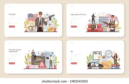 Banner web del agente del FBI o página de inicio. Oficial de policía o inspector que investiga delitos. Protección del espionaje, ciberataques y terroristas. Ilustración vectorial plana aislada