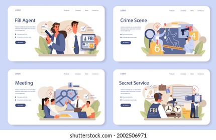 FBI agent web banner or landing page set. Police officer or inspector investigating crime. Protection of espionage, cyberattack and terrorist. Isolated flat vector illustration