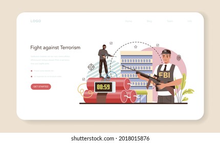 FBI agent web banner or landing page. Police officer or inspector investigating crime. Protection of espionage, cyberattack and terrorist. Isolated flat vector illustration