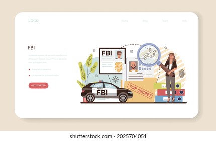 Banner web del agente del FBI o página de aterrizaje. Oficial de policía o inspector que investiga delitos. Protección del espionaje, ciberataques y terroristas. Ilustración vectorial plana aislada