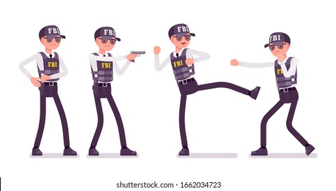 FBI Agent Working. Federal Bureau Of Investigation, Counter Terrorism Employee In Bulletproof Vest, Enforcing Federal Laws, Protecting Society Safe Life. Vector Flat Style Cartoon Illustration