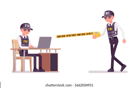 FBI Agent working. Federal Bureau of Investigation male employee in bulletproof vest working with laptop at desk, yellow caution do not cross barricade tape. Vector flat style cartoon illustration