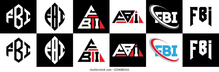 Logo-Design des FBI-Briefes in sechs Stilen. FBI Polygon, Kreis, Dreieck, Hexagon, flacher und einfacher Stil mit schwarz-weißem Farbänderungslogo in einem Zeichenbrett. FBI minimalistisches und klassisches Logo