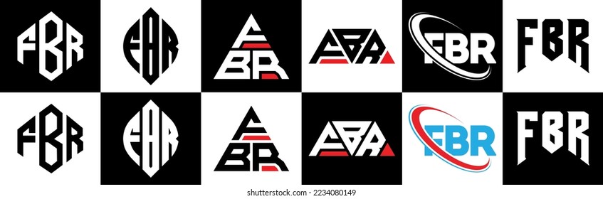 Diseño del logotipo de letras FBR en seis estilos. polígono FBR, círculo, triángulo, hexágono, estilo plano y sencillo con el logotipo de la letra de variación en color blanco y negro en un tablero. Logo minimalista y clásico de FBR
