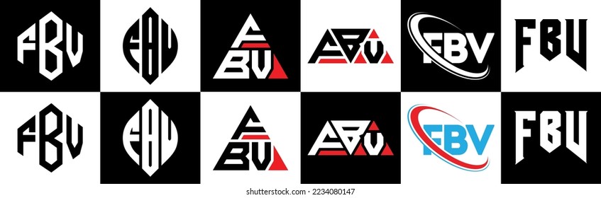 FBV Brief Logo Design in sechs Stilrichtungen. FBV Polygon, Kreis, Dreieck, Hexagon, flacher und einfacher Stil mit schwarz-weißem Farbänderungslogo in einem Zeichenbrett. FBV-minimalistisches und klassisches Logo