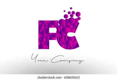 FC F C Dots Letter Logo with Purple Pink Magenta Bubbles Texture Vector.