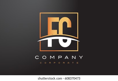 FC F C Golden Letter Logo Design with Swoosh and Rectangle Square Box Vector Design.
