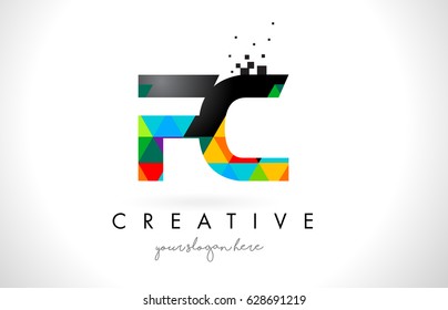 FC F C Letter Logo with Colorful Vivid Triangles Texture Design Vector Illustration.