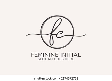 Logo de escritura a mano FC con el logotipo del vector de plantilla de círculo de la firma inicial, boda, moda, floral y botánica con plantilla creativa.