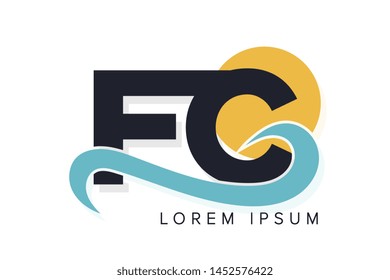 FC letter logo with ocean waves and sunset. Beach concept design