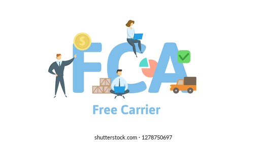 FCA, Free Carrier. Concept with keywords, letters and icons. Colored flat vector illustration. Isolated on white background.