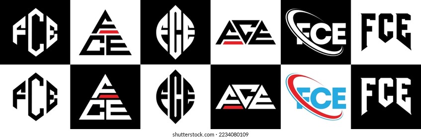 FCE letter logo design in six style. FCE polygon, circle, triangle, hexagon, flat and simple style with black and white color variation letter logo set in one artboard. FCE minimalist and classic logo
