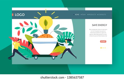 FCL bulb save energy online web page template vector eco electricity flower pot and lamp man and woman environment protection Earth preservation green light ecology protection Internet site mockup