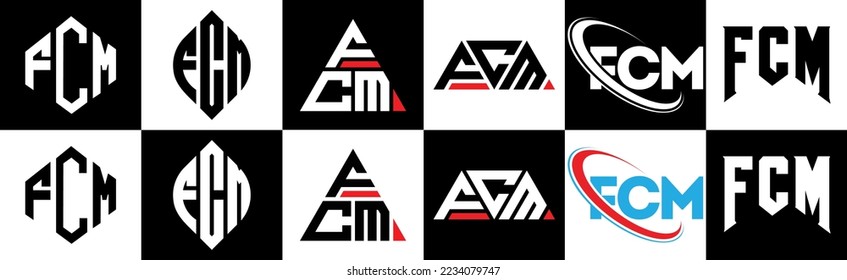 FCM letter logo design in six style. FCM polygon, circle, triangle, hexagon, flat and simple style with black and white color variation letter logo set in one artboard. FCM minimalist and classic logo