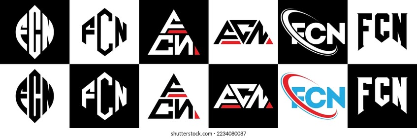 Diseño del logotipo de la letra FCN en seis estilos. Polígono FCN, círculo, triángulo, hexágono, de estilo plano y sencillo con el logotipo de la letra de variación en color blanco y negro en un tablero. Logo minimalista y clásico de FCN