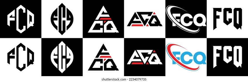 FCQ letter logo design in six style. FCQ polygon, circle, triangle, hexagon, flat and simple style with black and white color variation letter logo set in one artboard. FCQ minimalist and classic logo