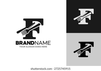 Logotipo culinario F con tema de cuchillo para empresas de alimentos y bebidas. Aislado sobre fondo blanco.