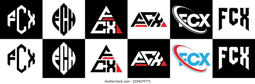 FCX-Logo-Design im 6-Stil. FCX Polygon, Kreis, Dreieck, Hexagon, flacher und einfacher Stil mit schwarz-weißem Farbänderungslogo in einer Zeichenfläche. FCX-minimalistisches und klassisches Logo