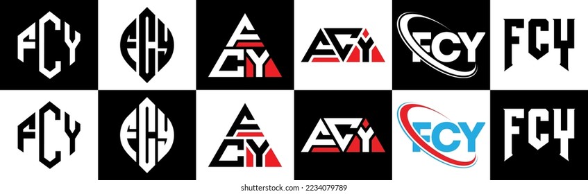 FCY letter logo design in six style. FCY polygon, circle, triangle, hexagon, flat and simple style with black and white color variation letter logo set in one artboard. FCY minimalist and classic logo