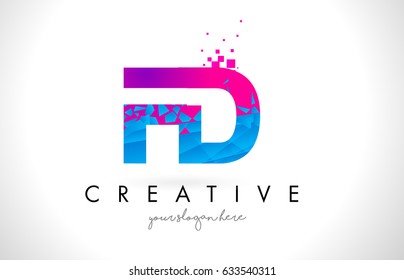 FD F D Letter Logo with Broken Shattered Blue Pink Triangles Texture Design Vector Illustration.