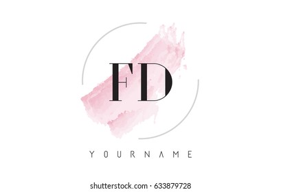 FD F D Watercolor Letter Logo Design with Circular Shape and Pastel Pink Brush.