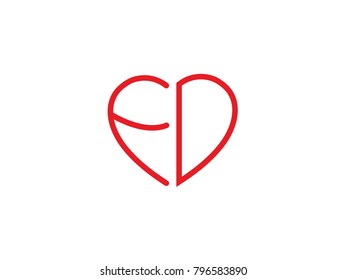 FD initial logo letter with heart shape red colored, logo design for wedding invitation, wedding name and business name.