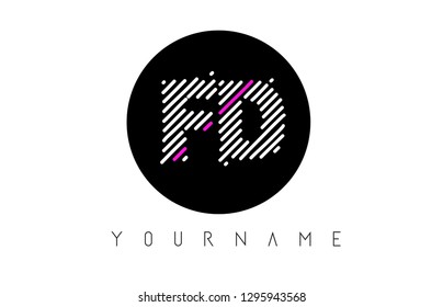 FD Letter Logo Design with White Lines and Black Circle Vector Illustration