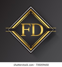 FD Letter logo in a square shape gold and silver colored geometric ornaments. Vector design template elements for your business or company identity.