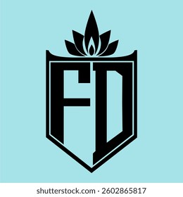 FD Logo featuring a minimalist design with a crown-like flower symbol on top, bold black elements, and a soft blue background, perfect for branding and modern visual identity.