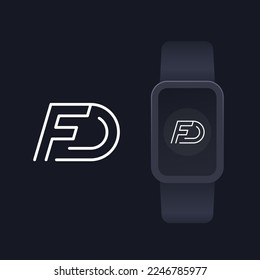 Monograma FD, letras, diseño de línea de logotipo con simulación de reloj inteligente