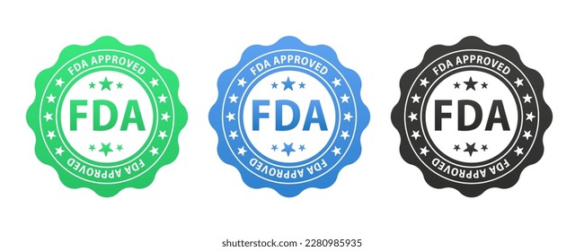 FDA approved green, blue, black, label on white background. Flat banner. Food approved logo template. Vector illustration