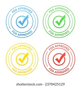 FDA approved green, blue, yellow, red, label on white background. Flat banner. Food approved logo template. Vector illustration